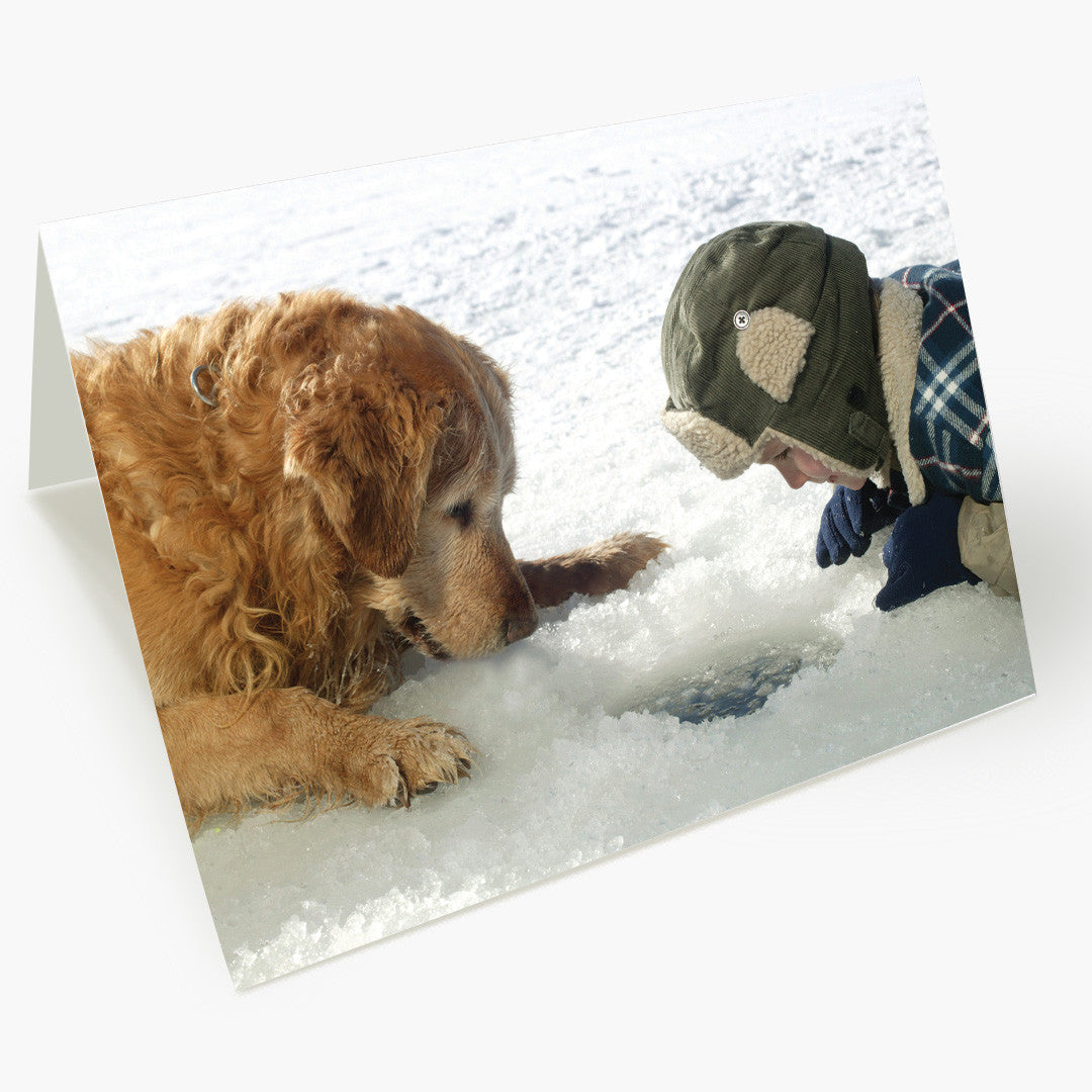 Boy and Dog Ice Fishing Holiday Card