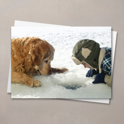 Boy and Dog Ice Fishing Holiday Card