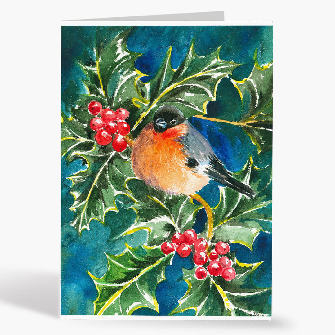 Bullfinch and Holly Christmas Card