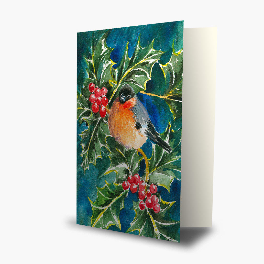 Bullfinch and Holly Christmas Card