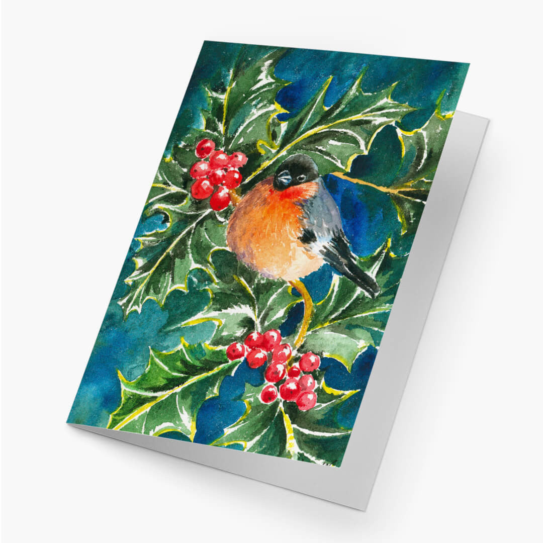 Bullfinch and Holly Christmas Card