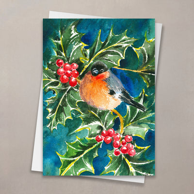 Bullfinch and Holly Christmas Card